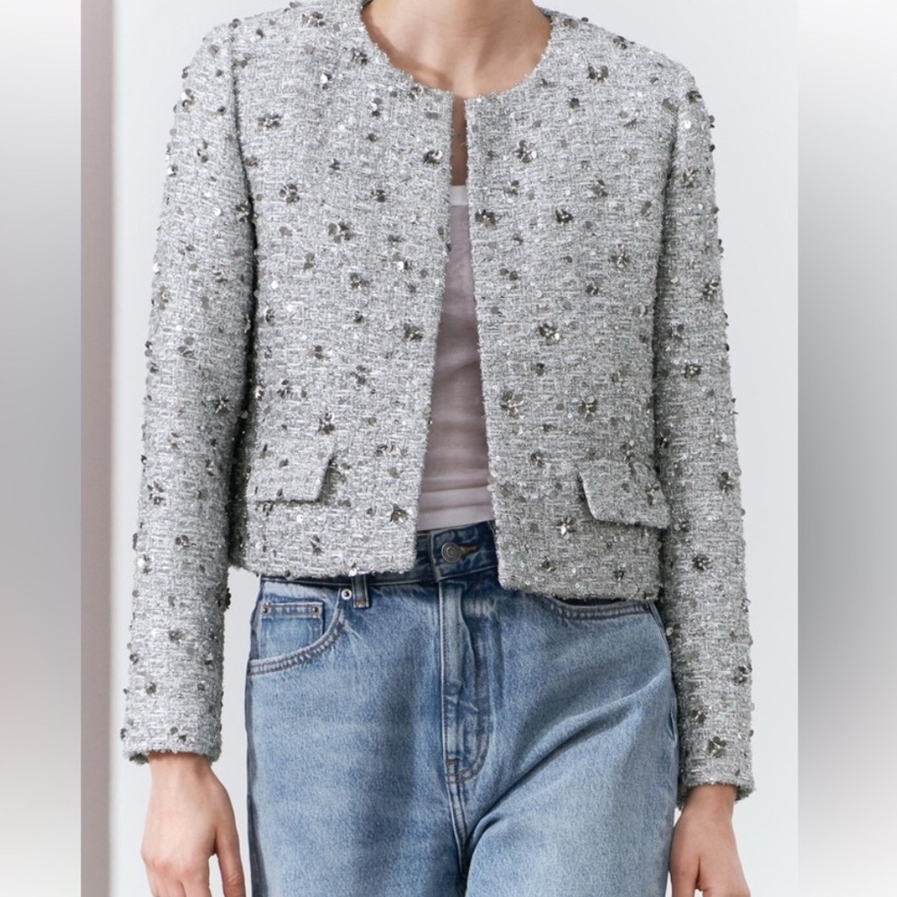 NWT Zara Silver Sequin Jacket ZW Collection - Picture 3 of 12